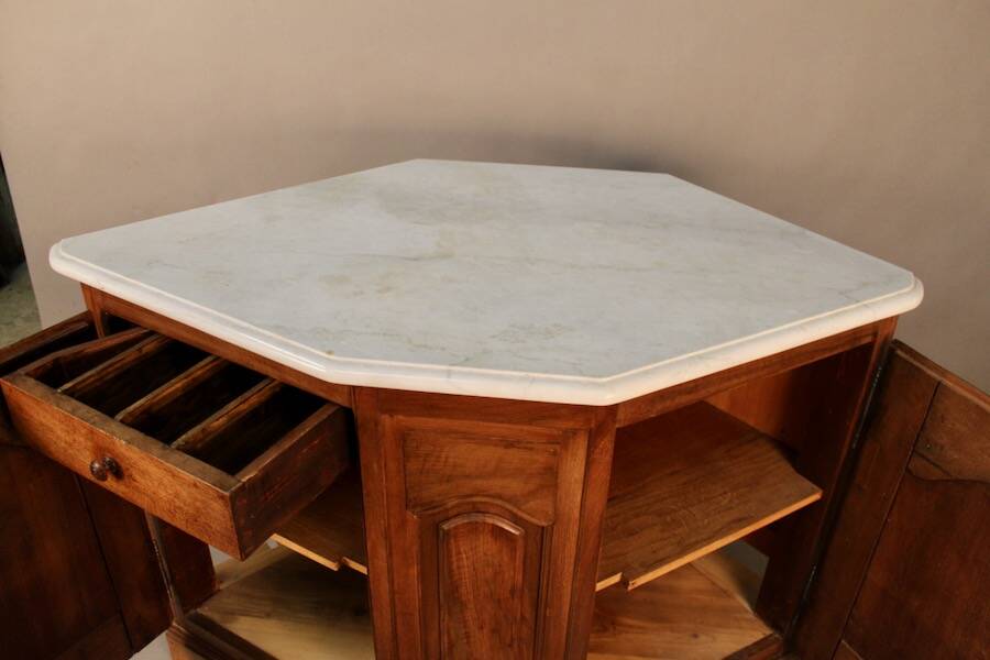 19th century walnut corner cupboard with Carrara marble top