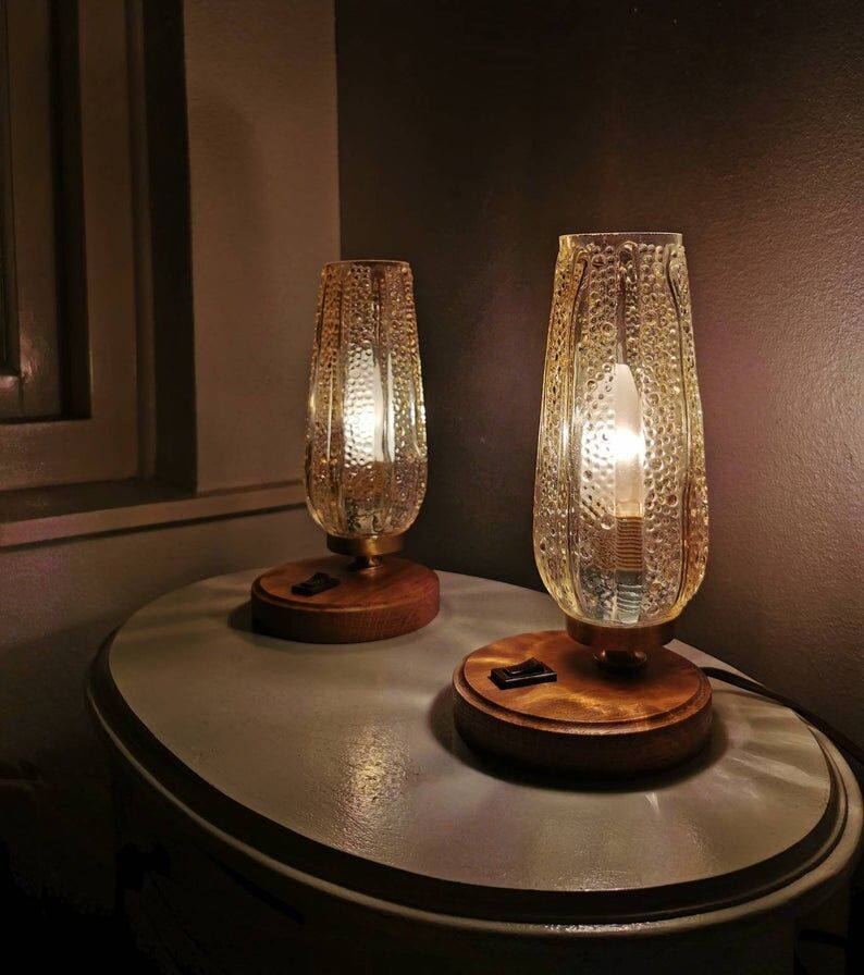 Wooden lamps with gilded glass hood, 70s