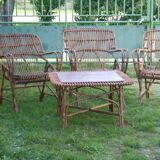 Vintage rattan lounge set 4 armchairs and table