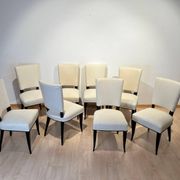 Art Deco Chairs in Black Lacquer in Cream Velour, France, 1930s, Set of 8