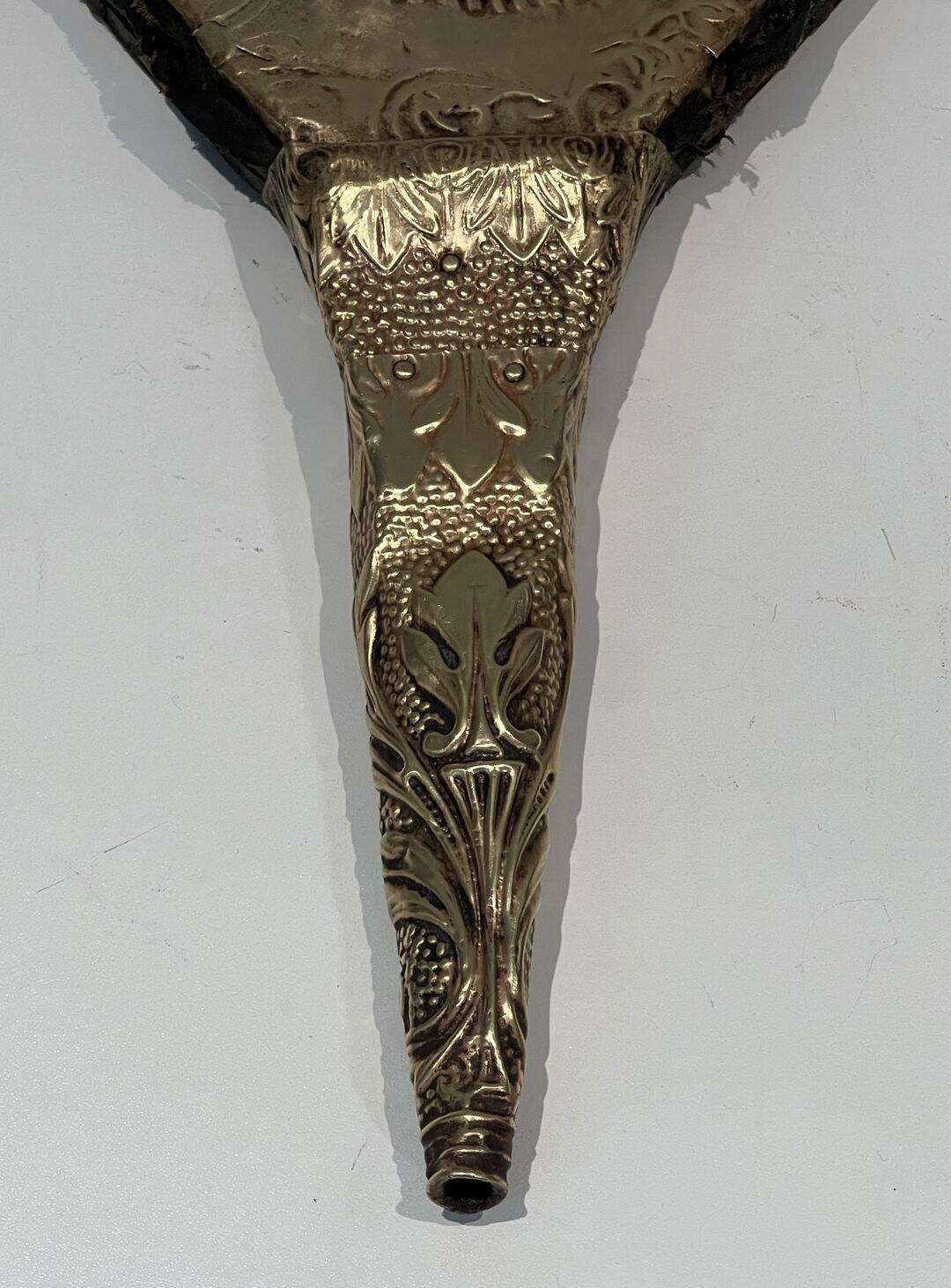 Louis XVI Style Chimney Bellows in Repoussé Brass with Female Effigy