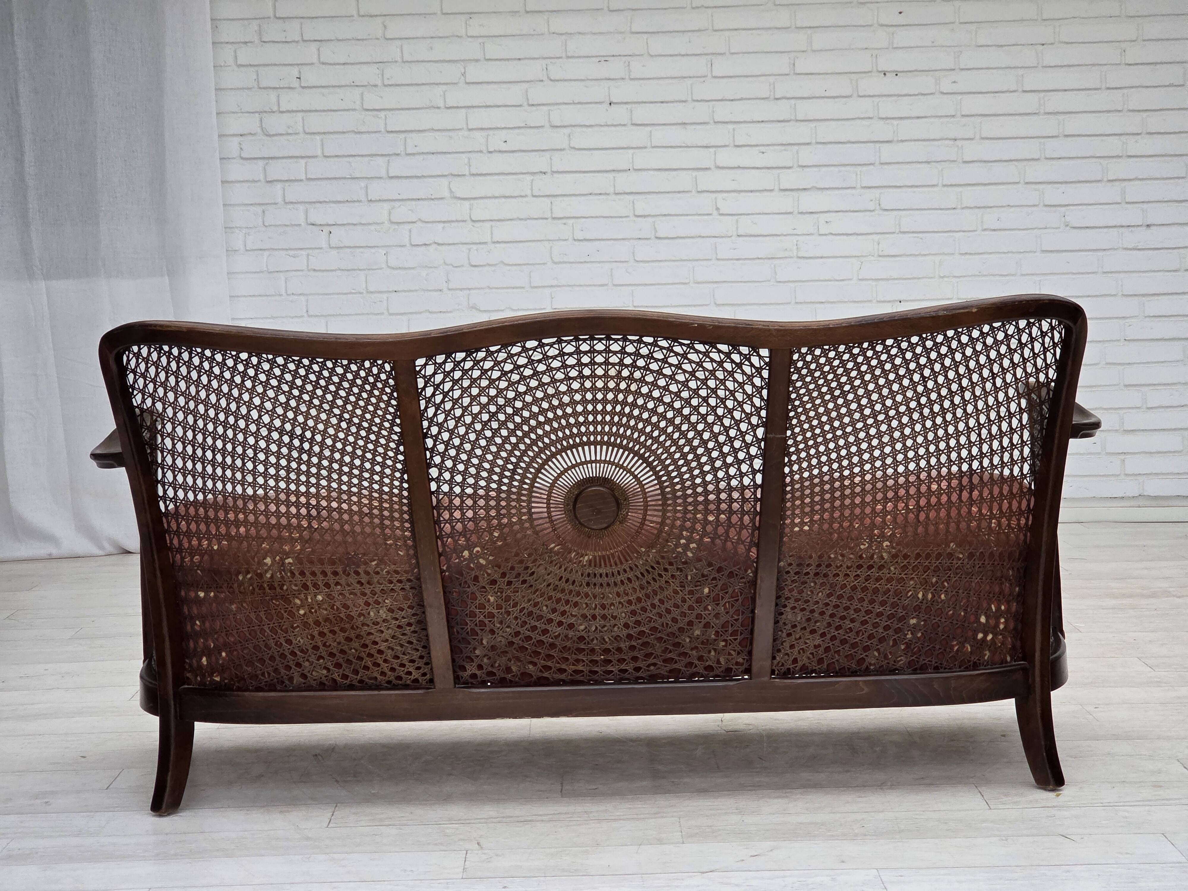 1950s, Danish 3-seater sofa, salmon/pink velour, furniture mesh.