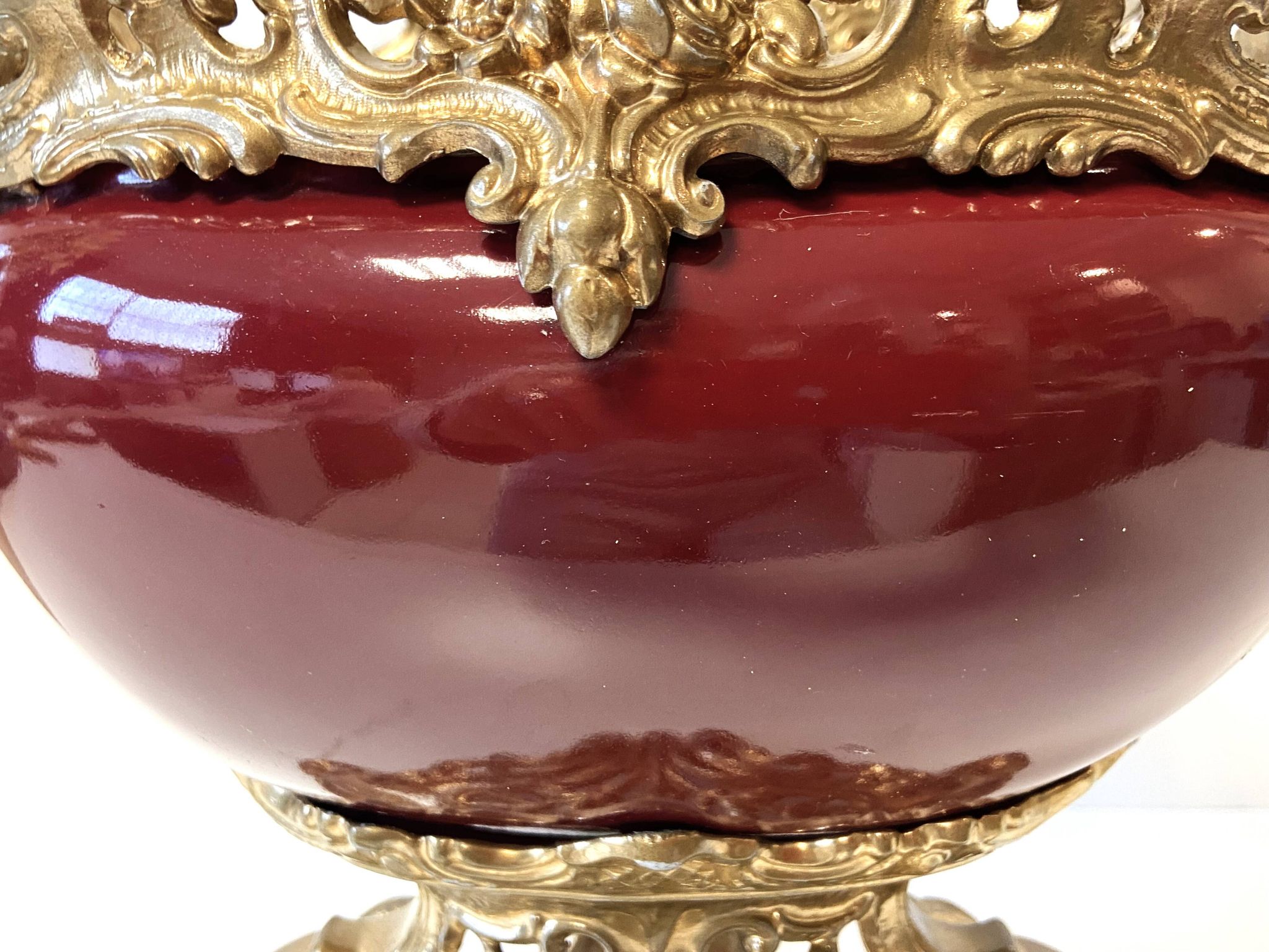 Antique Napoleon III Centrepiece Jardinière in Gilded Metal and Faience