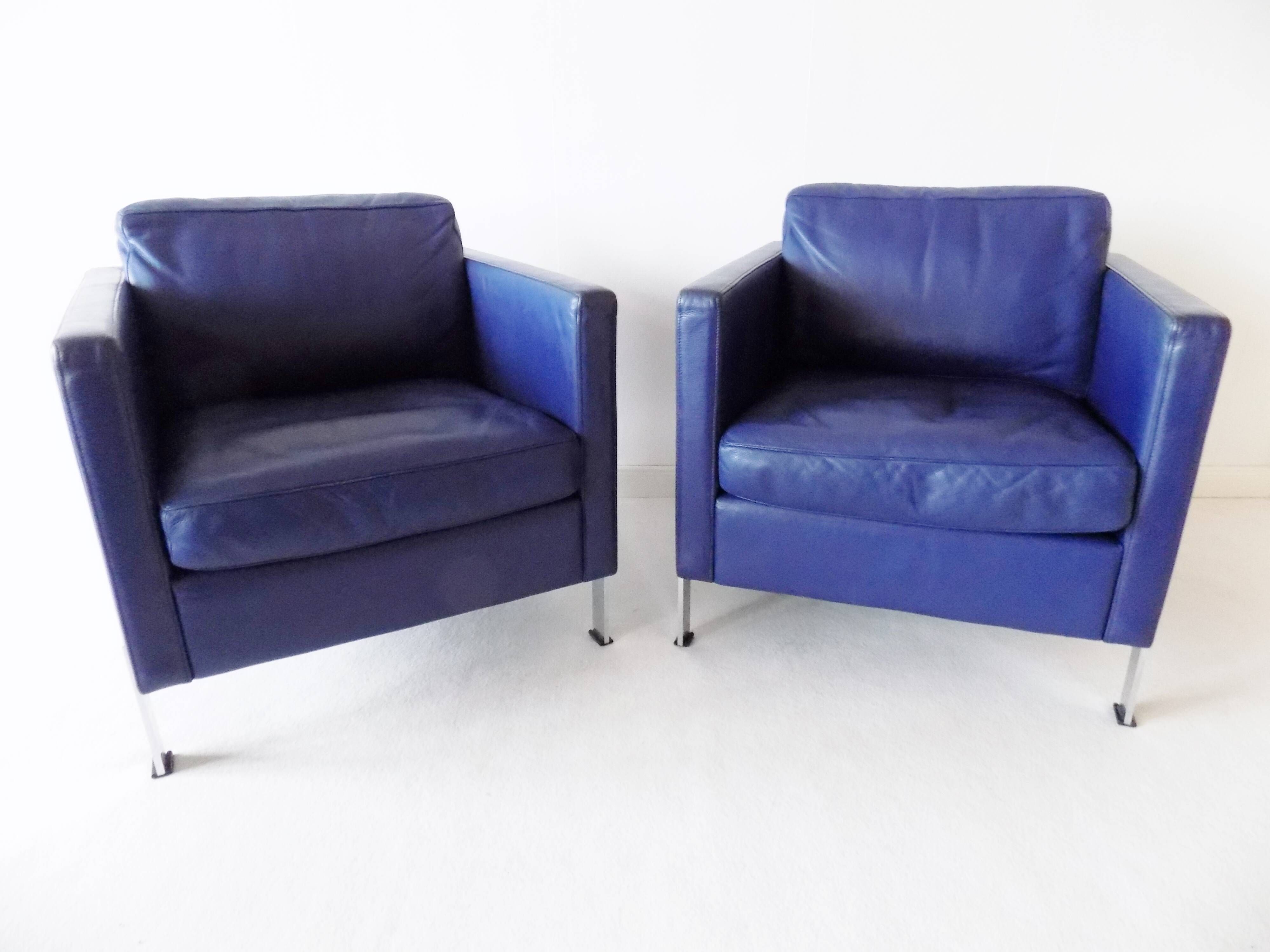 De Sede DS118 pair of blue leather club chairs