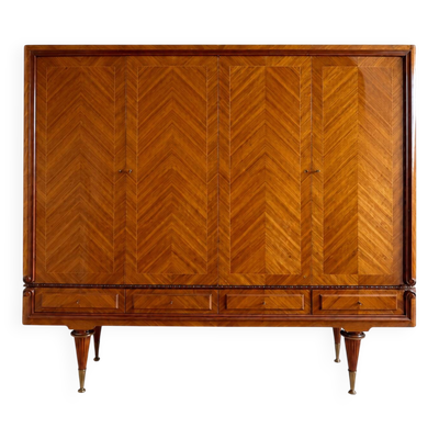Armoire vintage 4 portes en bois à chevrons, miroir et pieds dorés