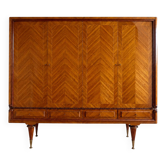 Armoire vintage 4 portes en bois à chevrons, miroir et pieds dorés