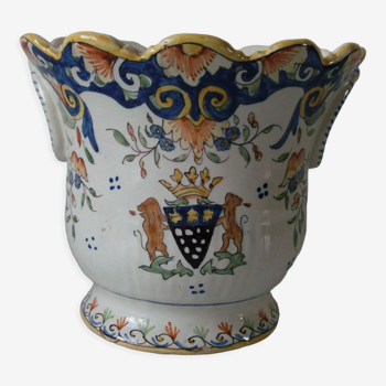 Ancien pot vase Mont Saint Michel en céramique polychrome signé numéroté 16 cm