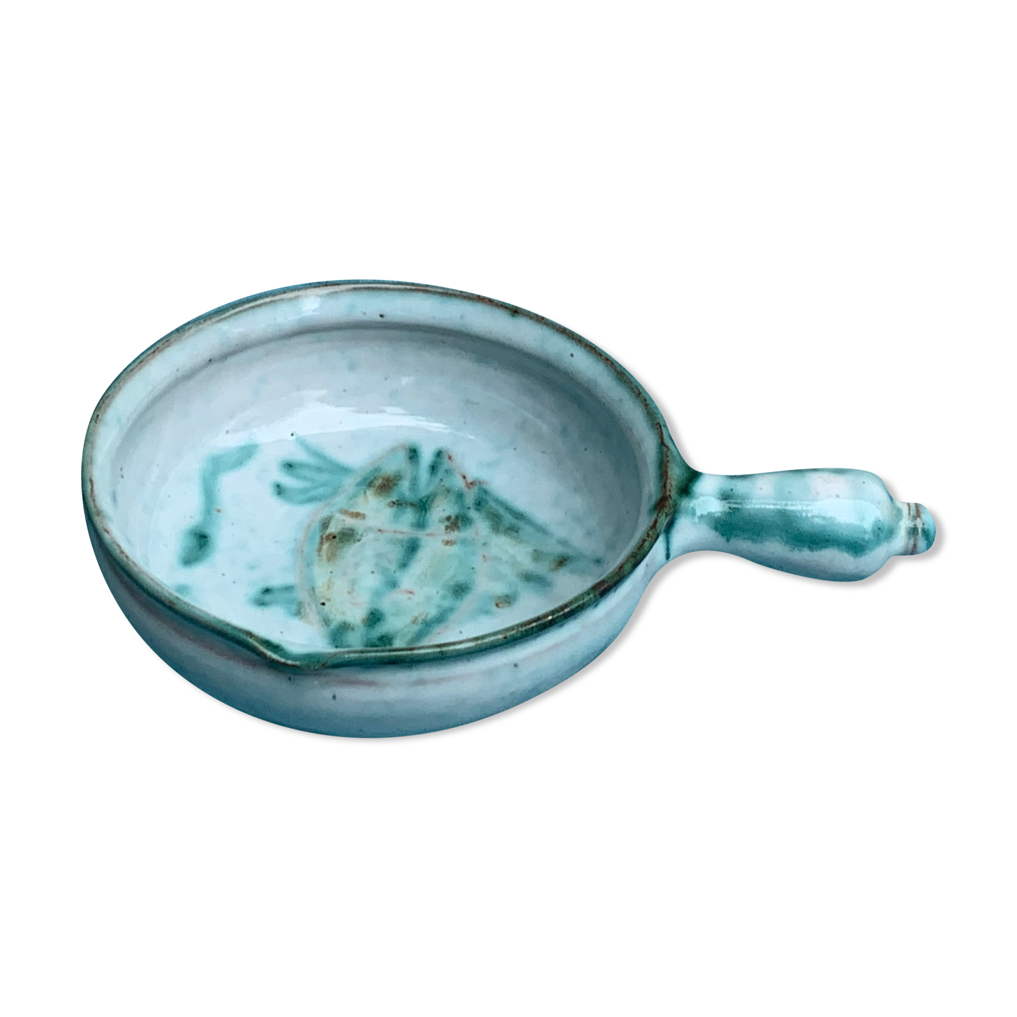 Caquelon, pan sign Humbert pittari vallauris model with blue glazed ceramic fish