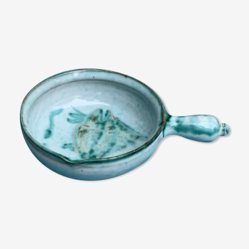 Caquelon, pan sign Humbert pittari vallauris model with blue glazed ceramic fish