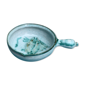 Caquelon, pan sign Humbert pittari vallauris model with blue glazed ceramic fish
