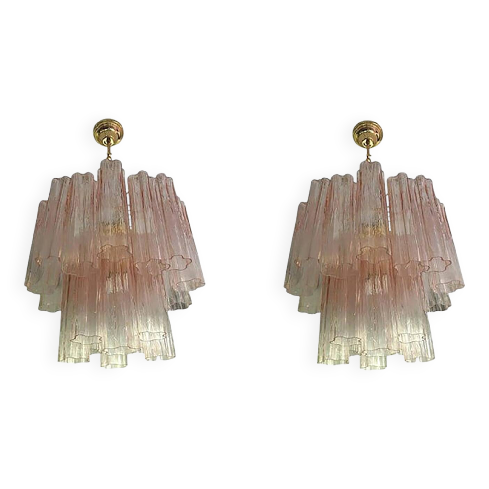 Set of 2 Contemporary Murano Style Glass Pink "Tronchi" Chandelier With Gol