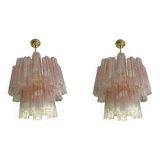 Set of 2 Contemporary Murano Style Glass Pink "Tronchi" Chandelier With Gol