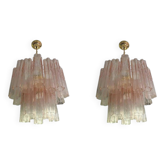 Lot de 2 lustres contemporains en verre de Murano de style rose "Tronchi" avec verre doré