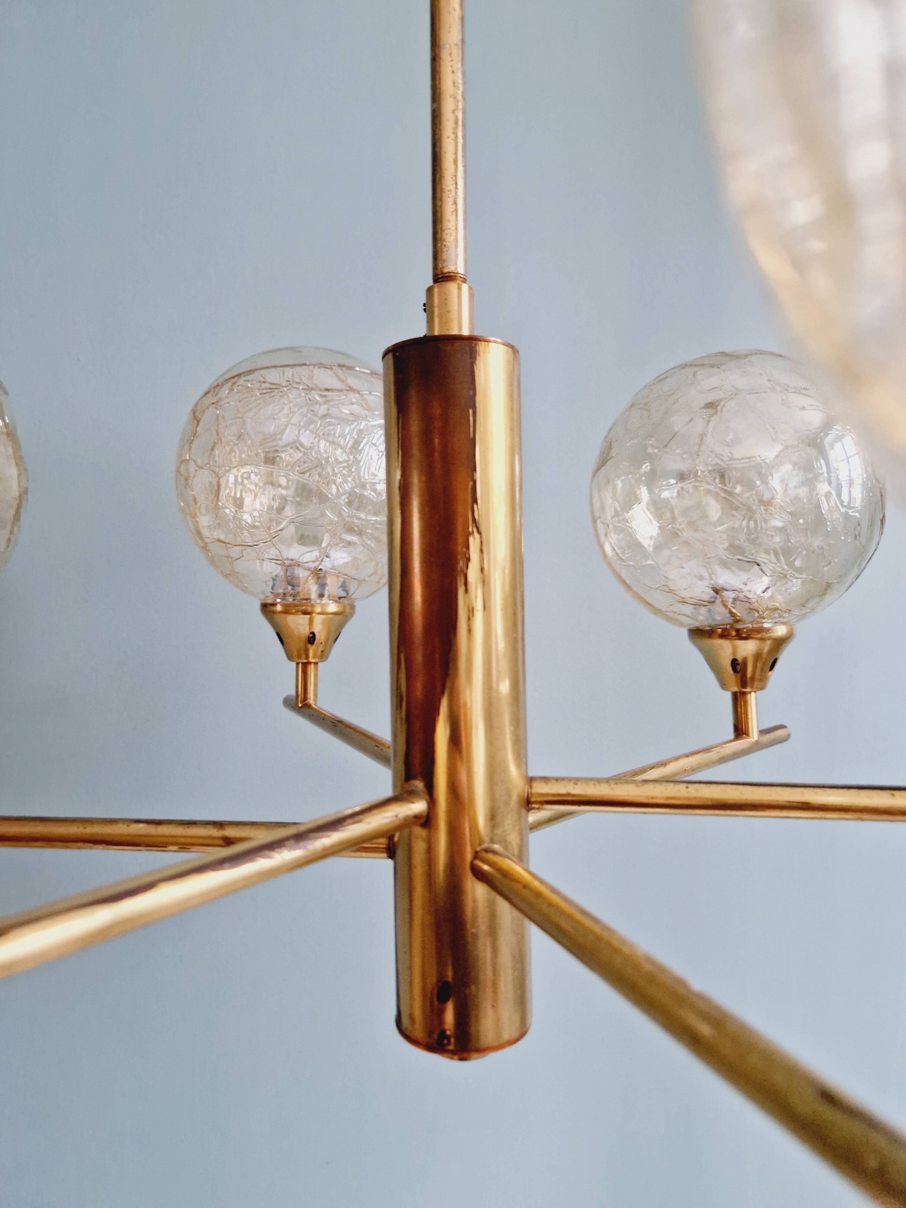 Brass chandelier with amber cracked glass globes, 1950s-60s