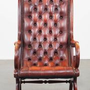 Red cowhide leather English Chesterfield armchair combined with wood