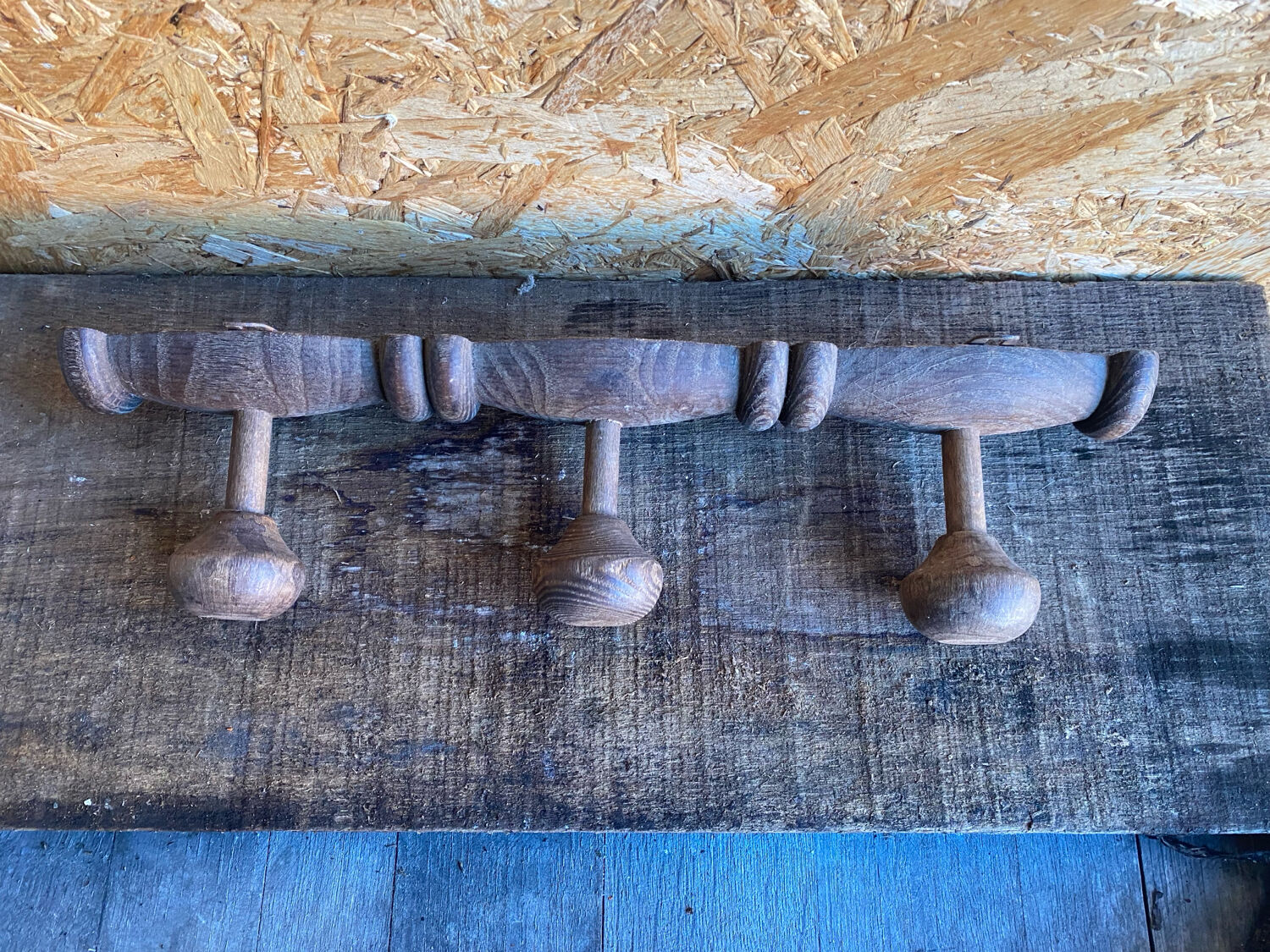 Vintage Wall Coat Rack x3 Wooden 1960s #D885