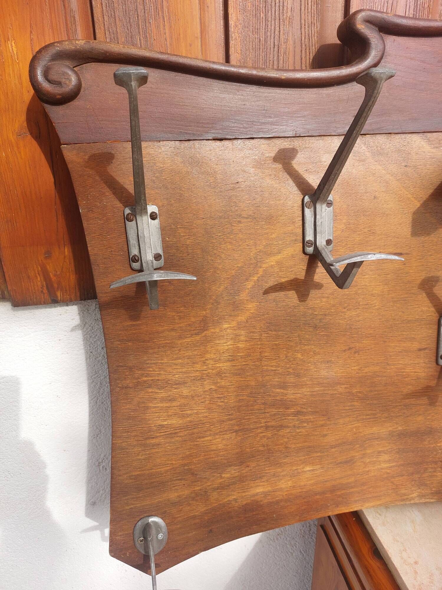 coat rack, hooks, wood and metal, vintage