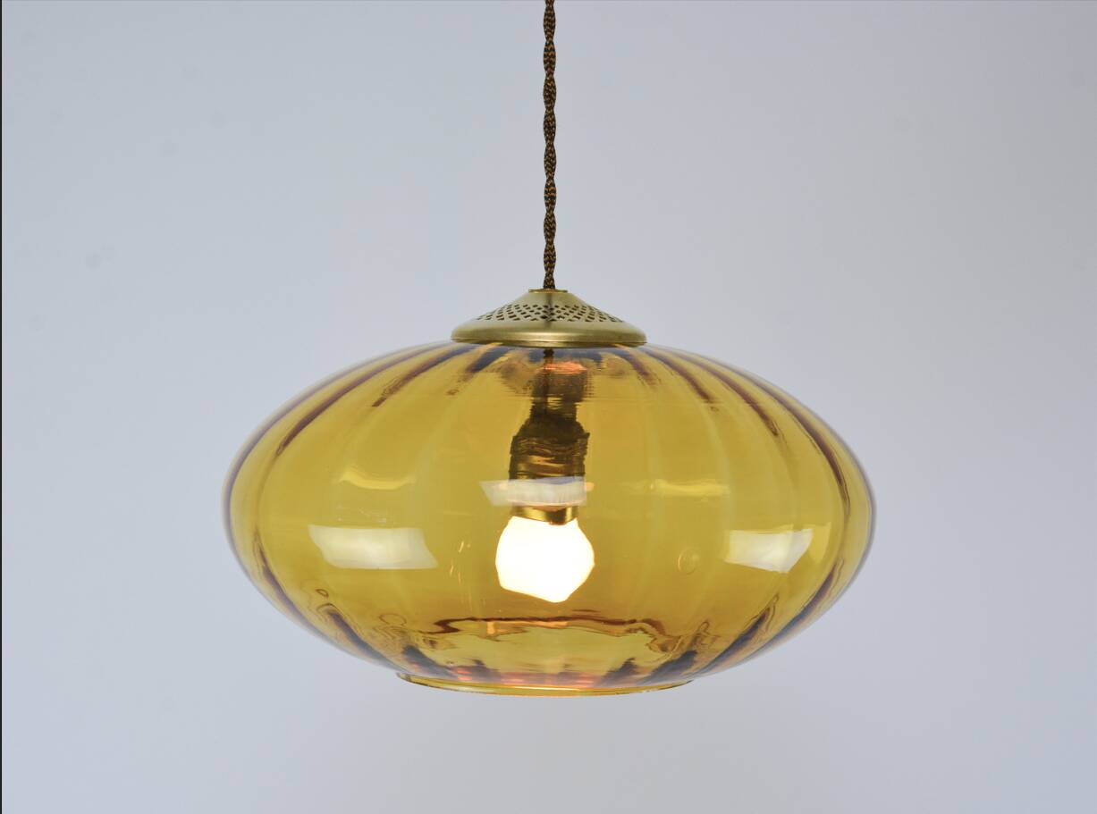 Mid-Century Brass and Amber Glass Pendant Lamp