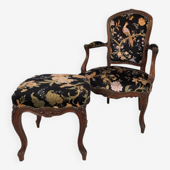 Louis XV style armchair and stool, velvet decorated with birds and flowers on a black background
