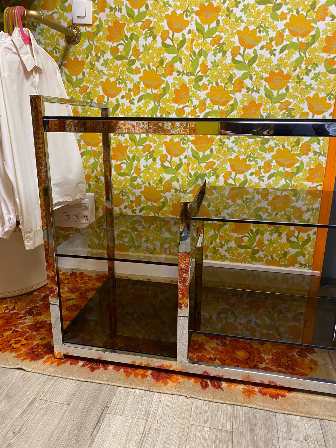 Vintage 70s chrome and smoked glass console
