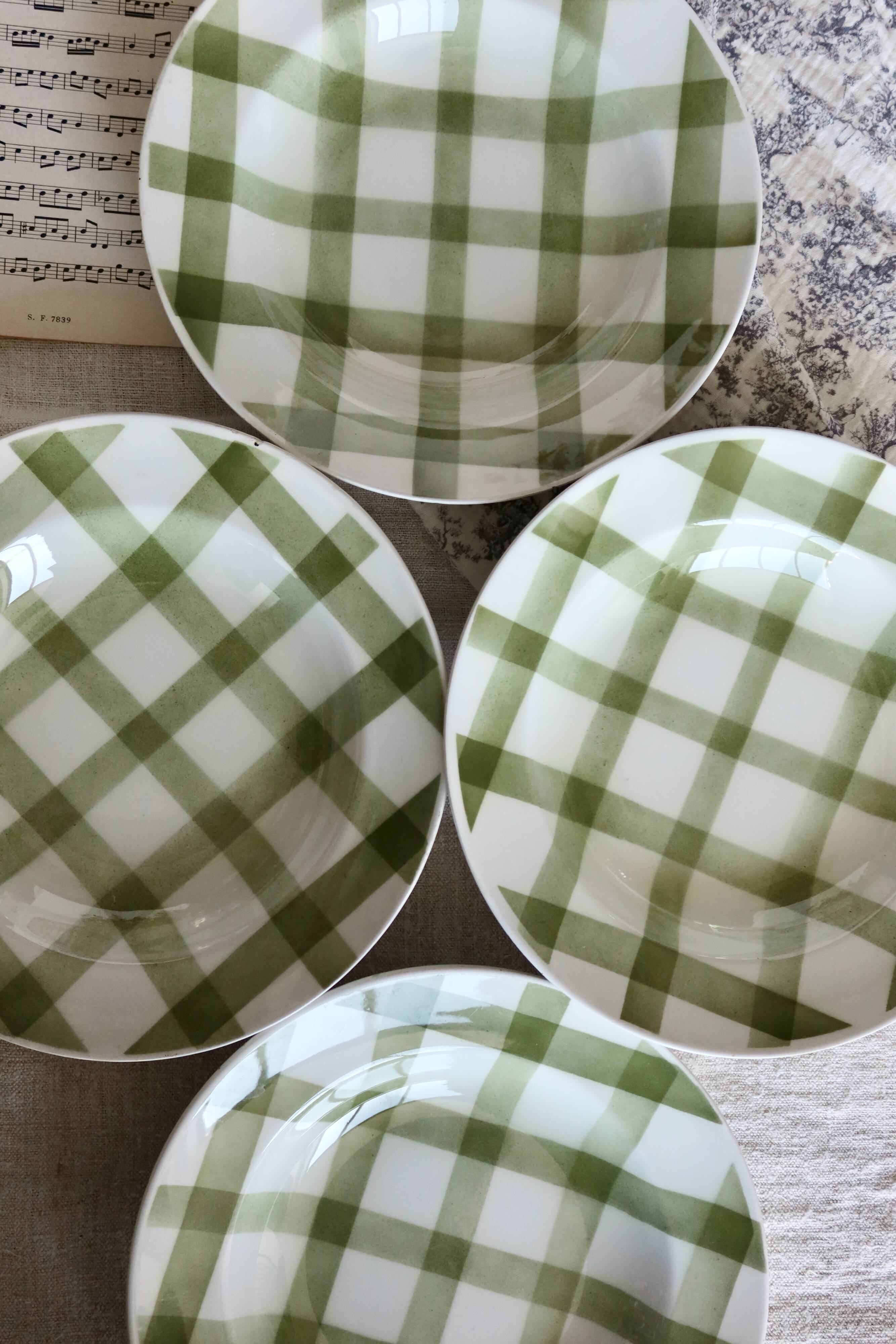 4 vintage earthenware soup plates Moulin Des Loups Nappe green model