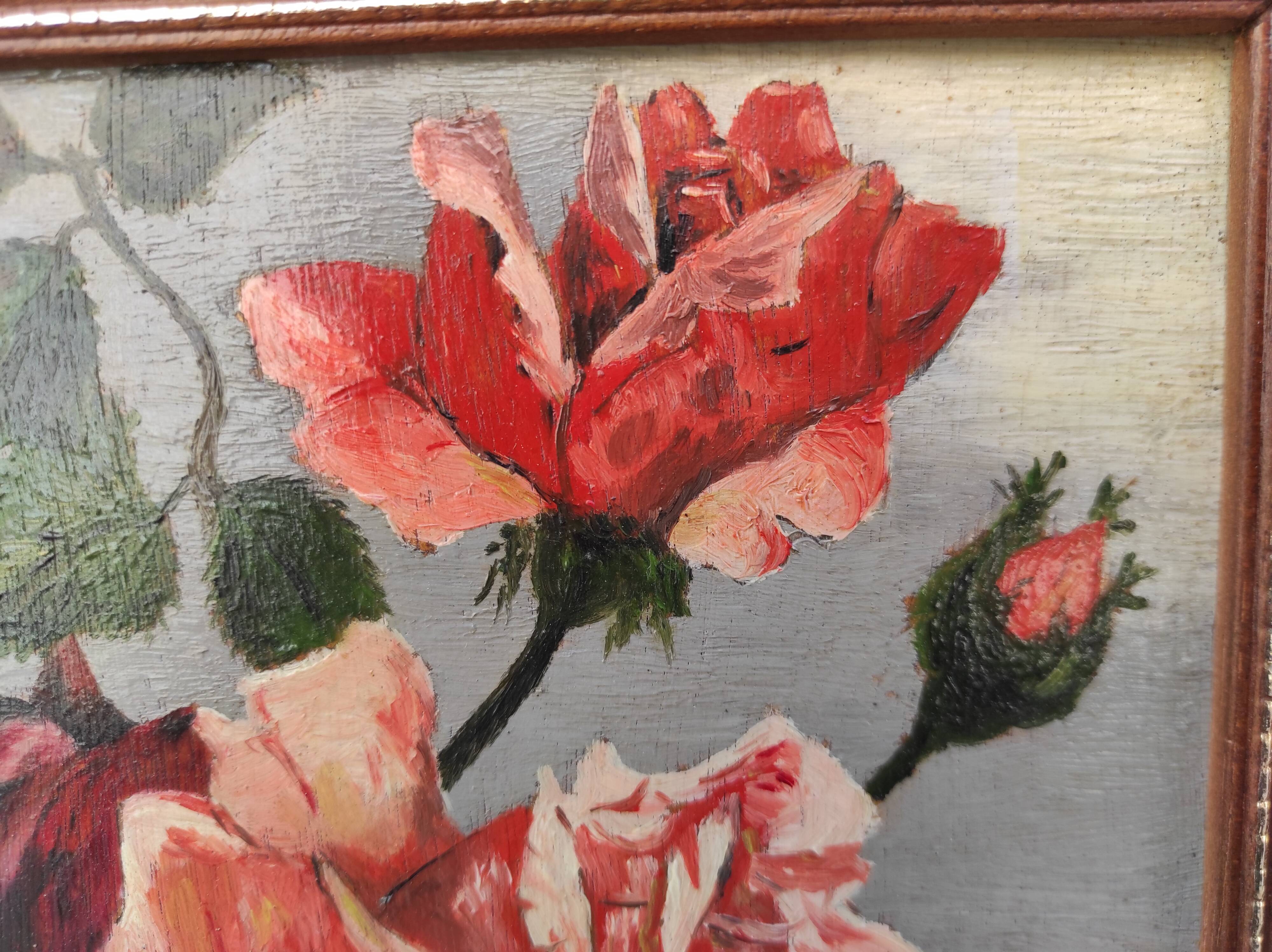 Vintage oil painting of flowers, two roses,  signed Trosset, 1942
