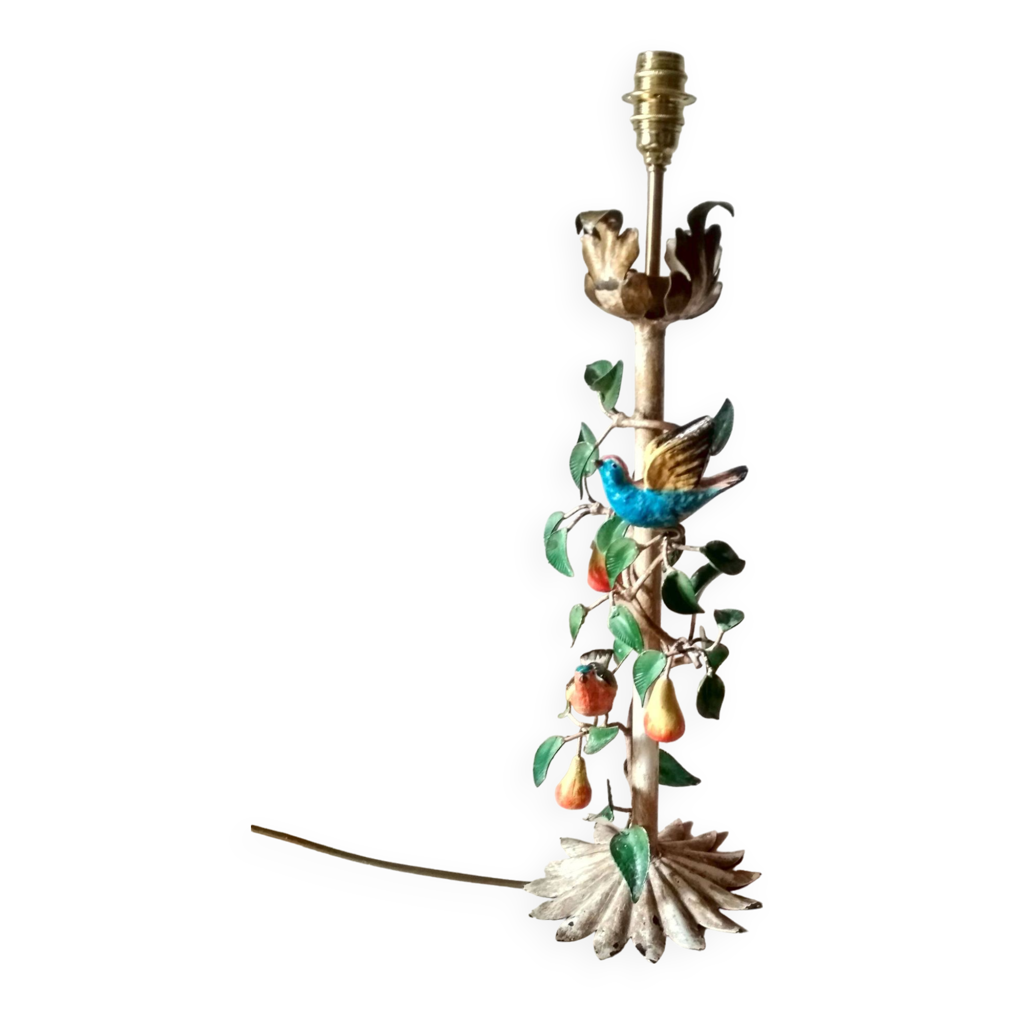 Painted metal candle holder lamp - wrought iron fruit and bird lamp base