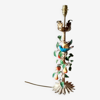 Lampe bougeoir en métal peint - pied de lampe fruits et oiseaux fer forgé
