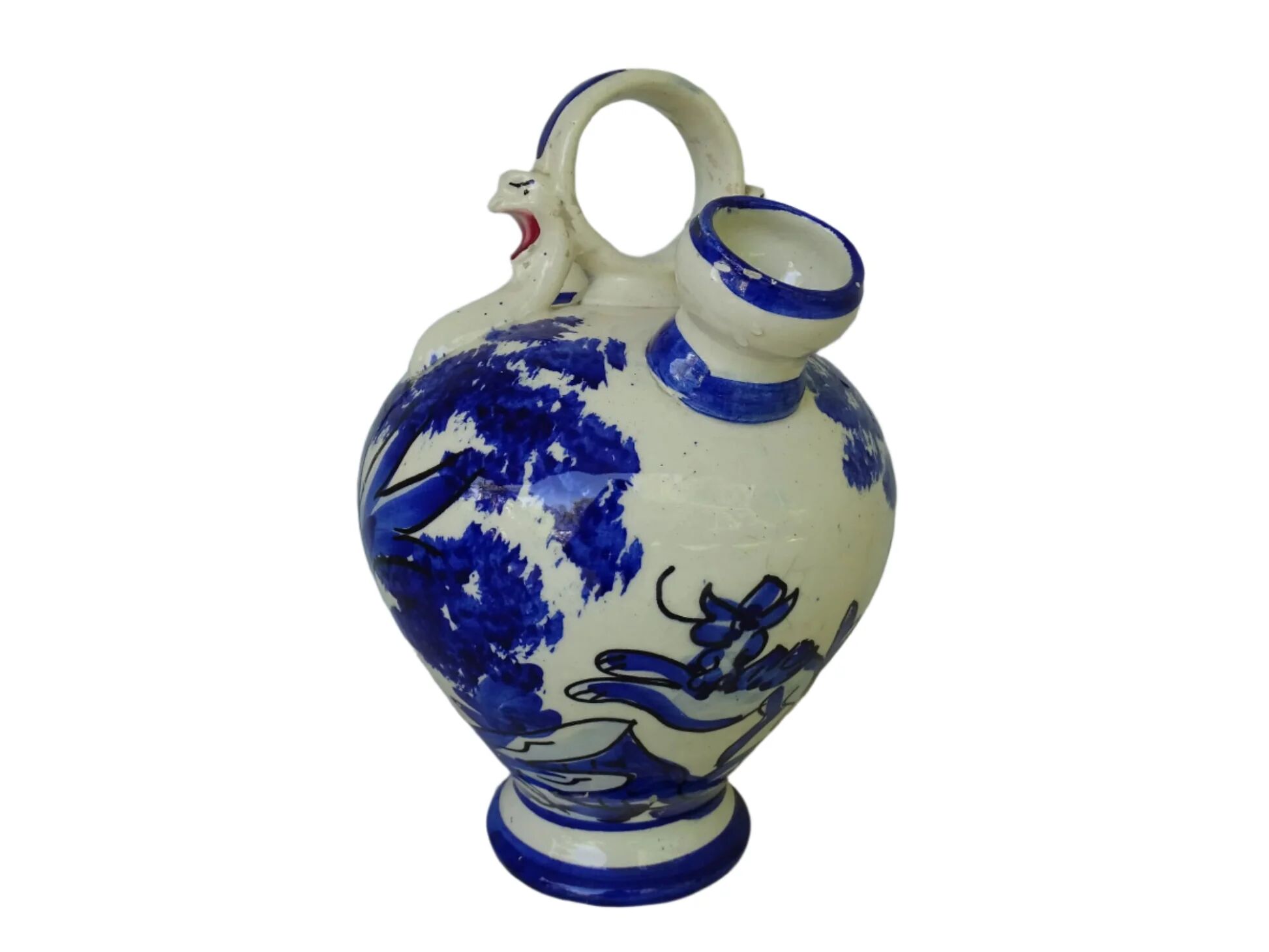 Gargoulette vintage espagnole en céramique bleue et blanche