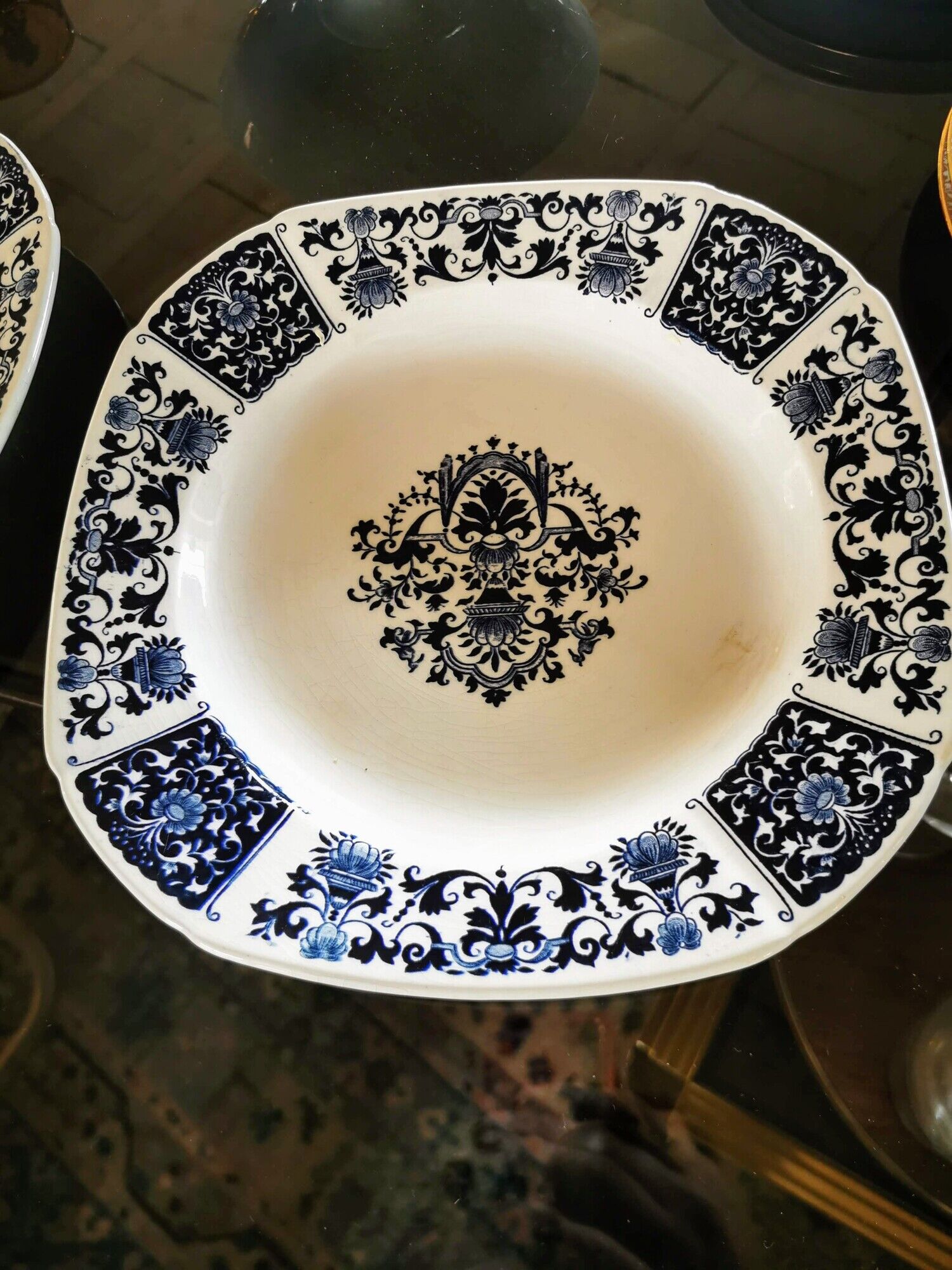 Pair of hollow plates in clay of Gien "Blue Square