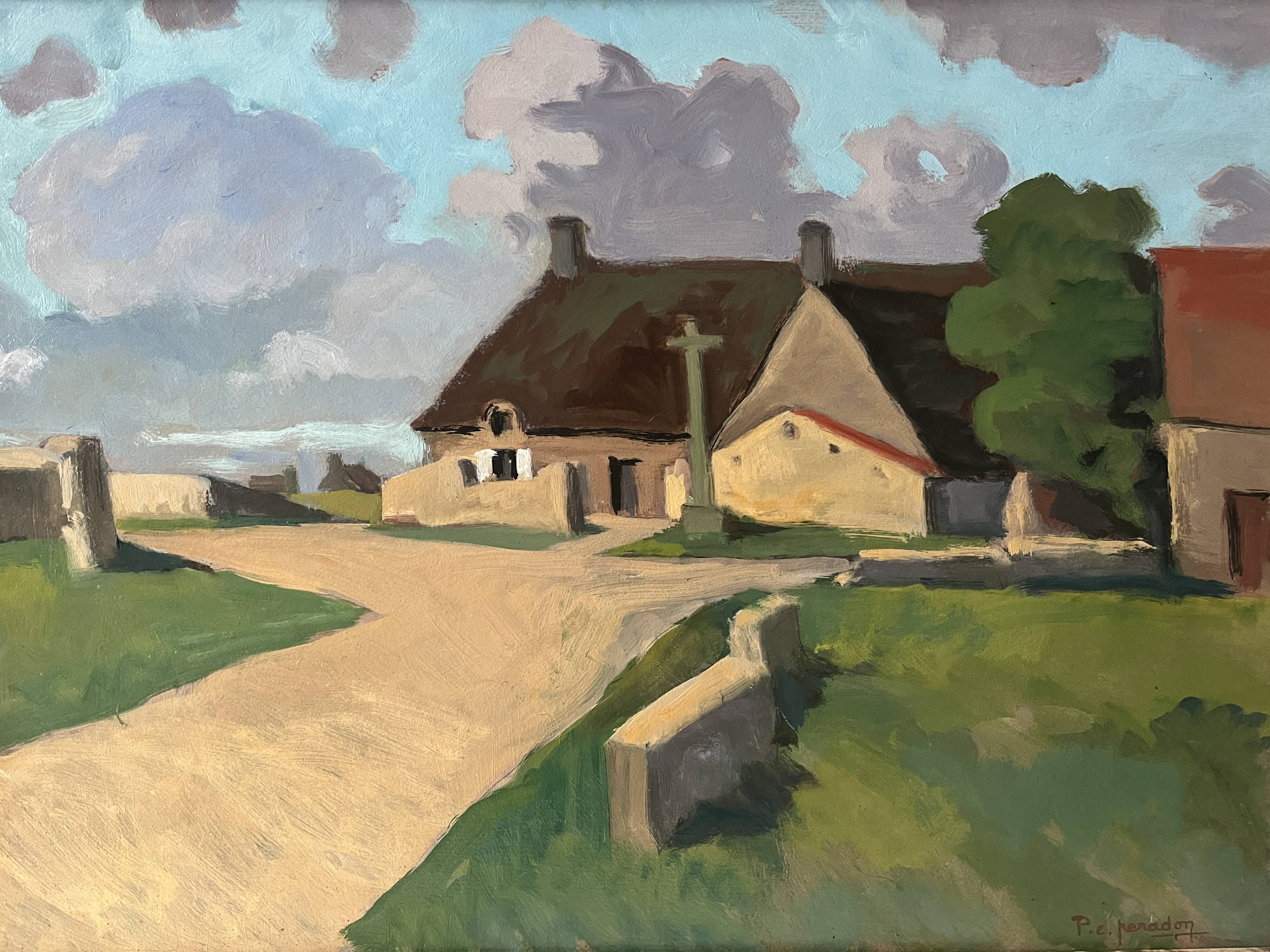 Large oil on panel of a Breton landscape 1950, antique painting signed.