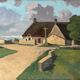 Large oil on panel of a Breton landscape 1950, antique painting signed.