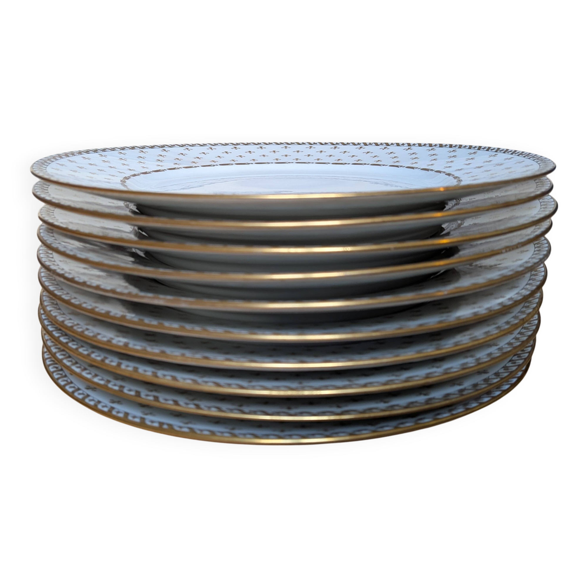 10 assiettes à dessert dorées en porcelaine de Limoges, Dupont Desfontaines