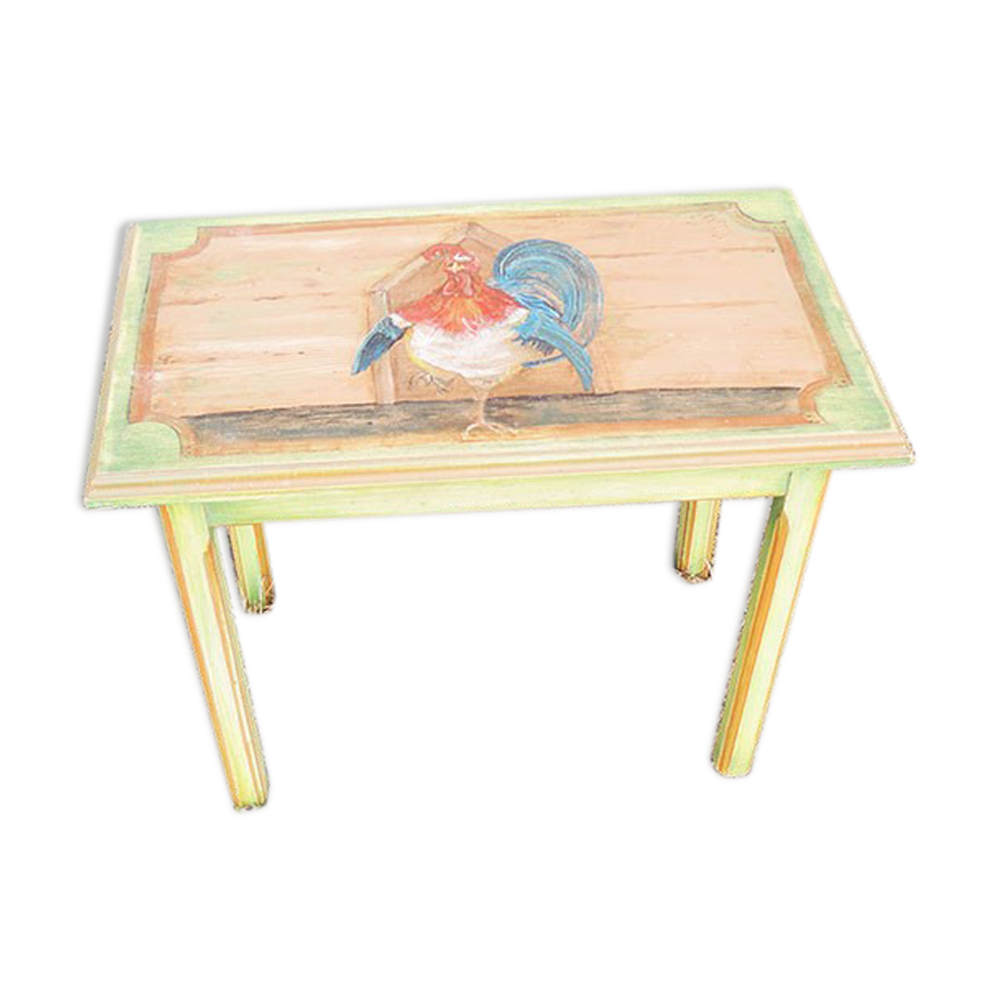 Old small side table in solid wood hand painted, rooster decoration