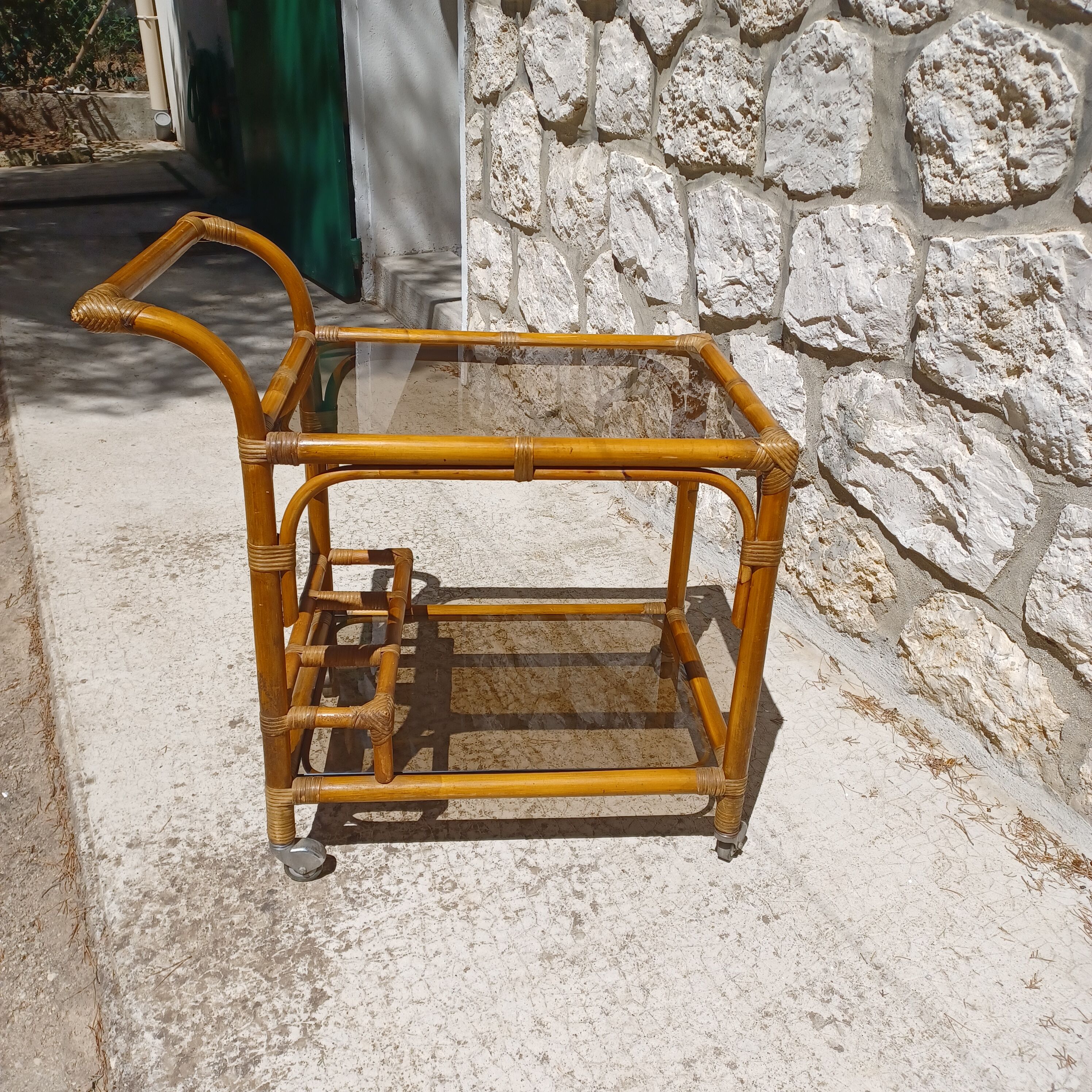 Vintage rattan rolling bar table