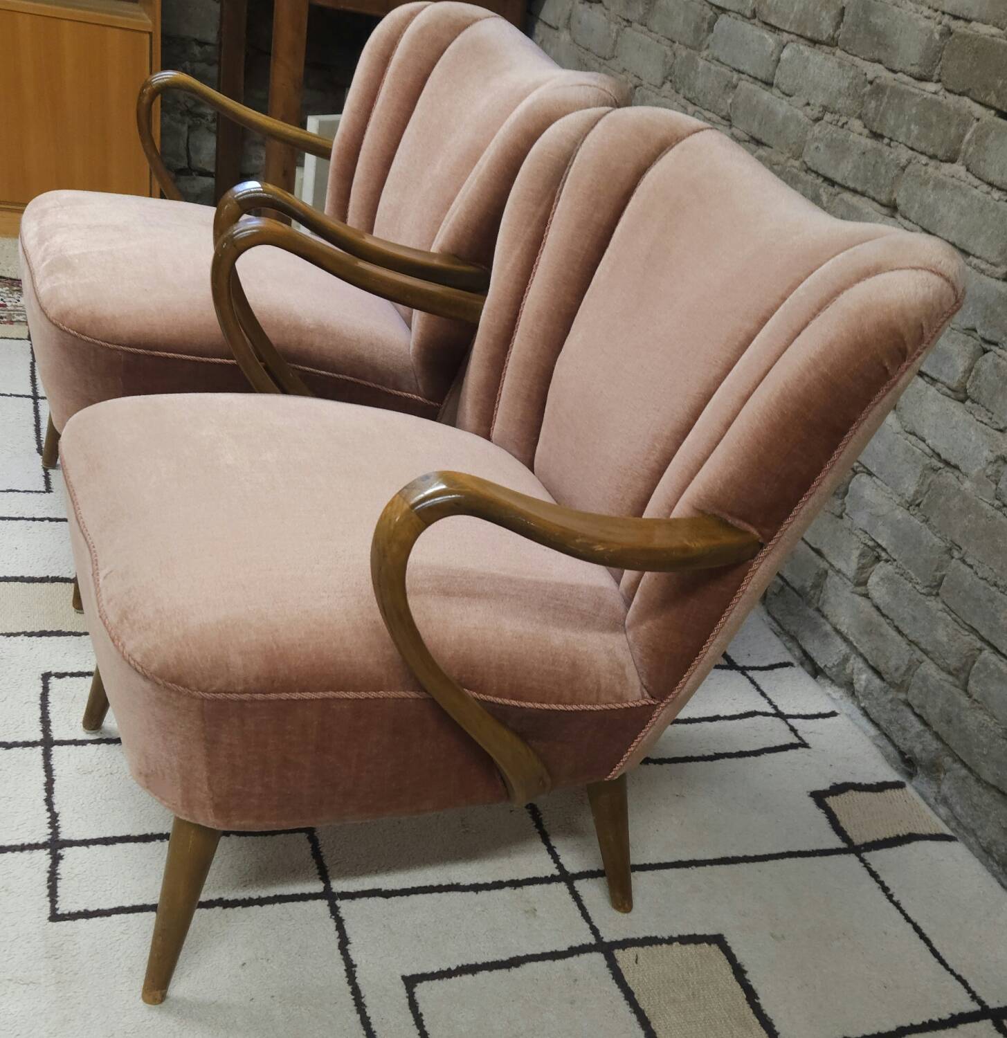 Pair of pink velvet cocktail armchairs 1960