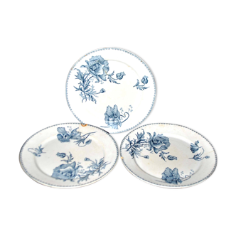 Lot de 3 assiettes plates FERIA en faïence de Sarreguemines - décor de coquelicots bleu