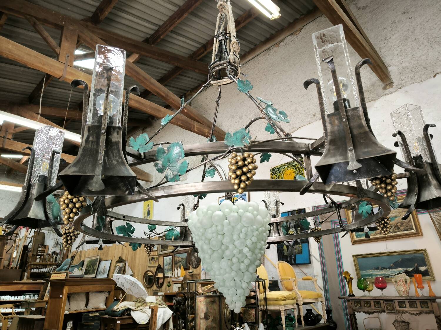 Large, heavy wrought iron and glass chandelier, circa 1980/90