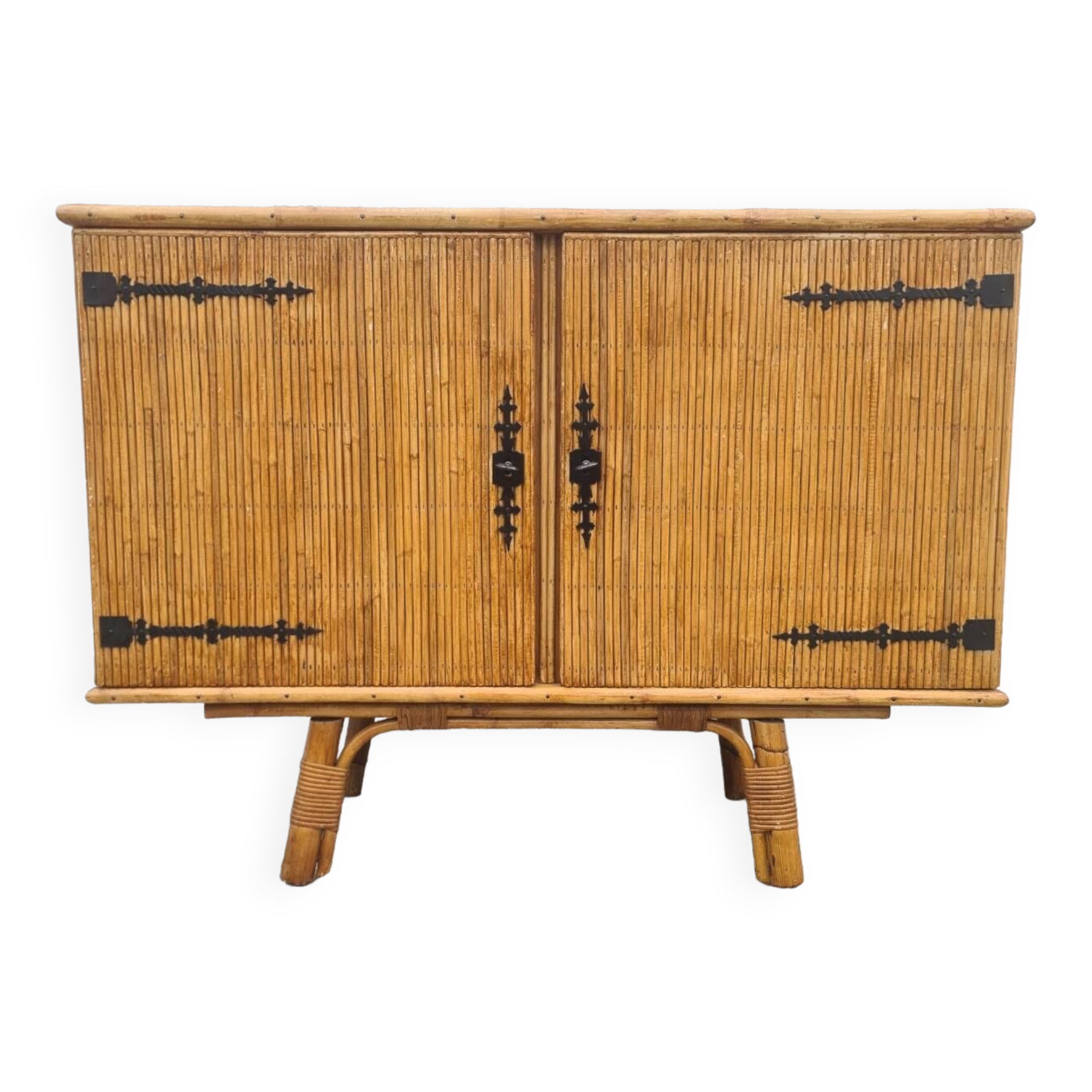 Rattan bamboo sideboard atttributed to Audoux Minnet vintage 60's