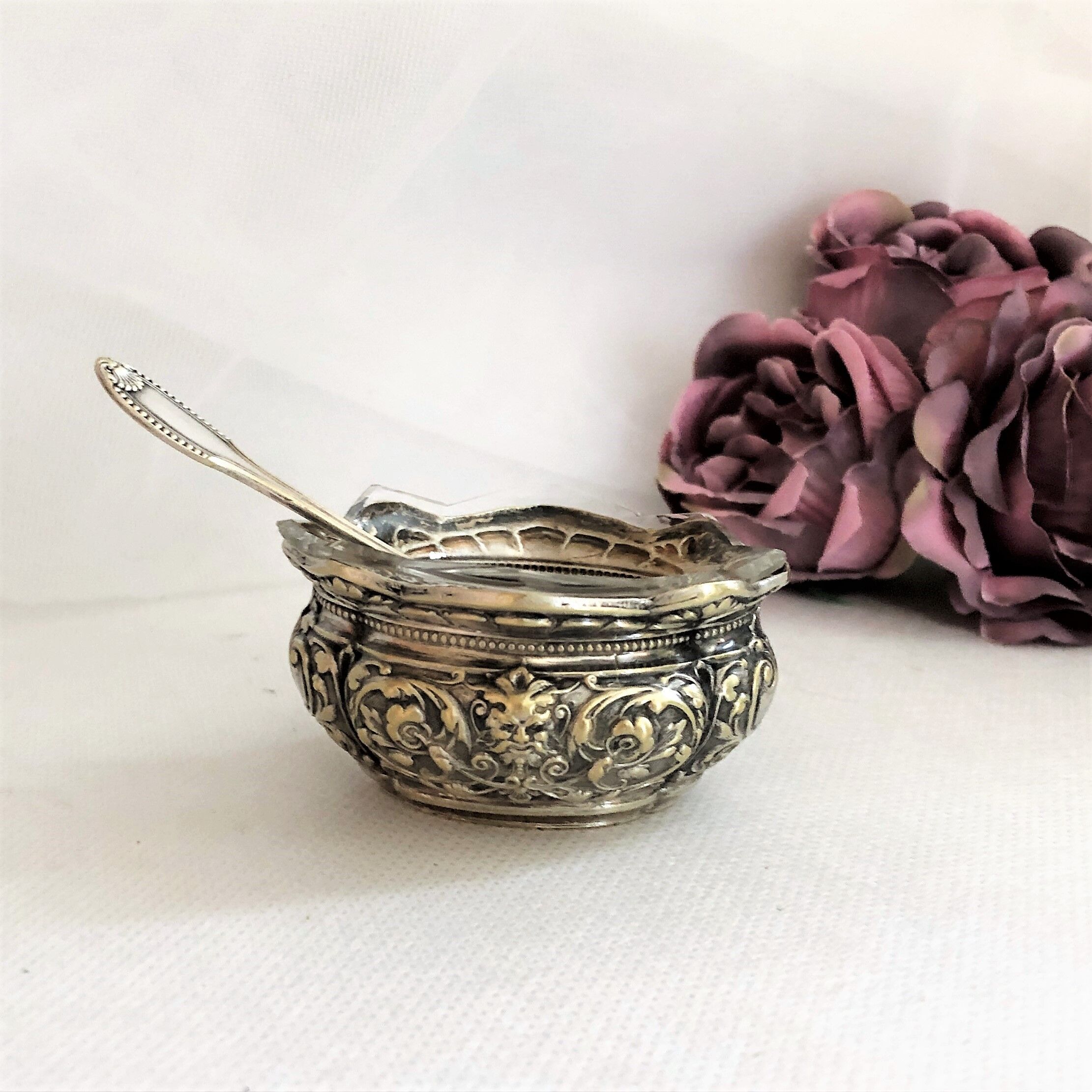 Silver metal salter and glass with salt shovel
