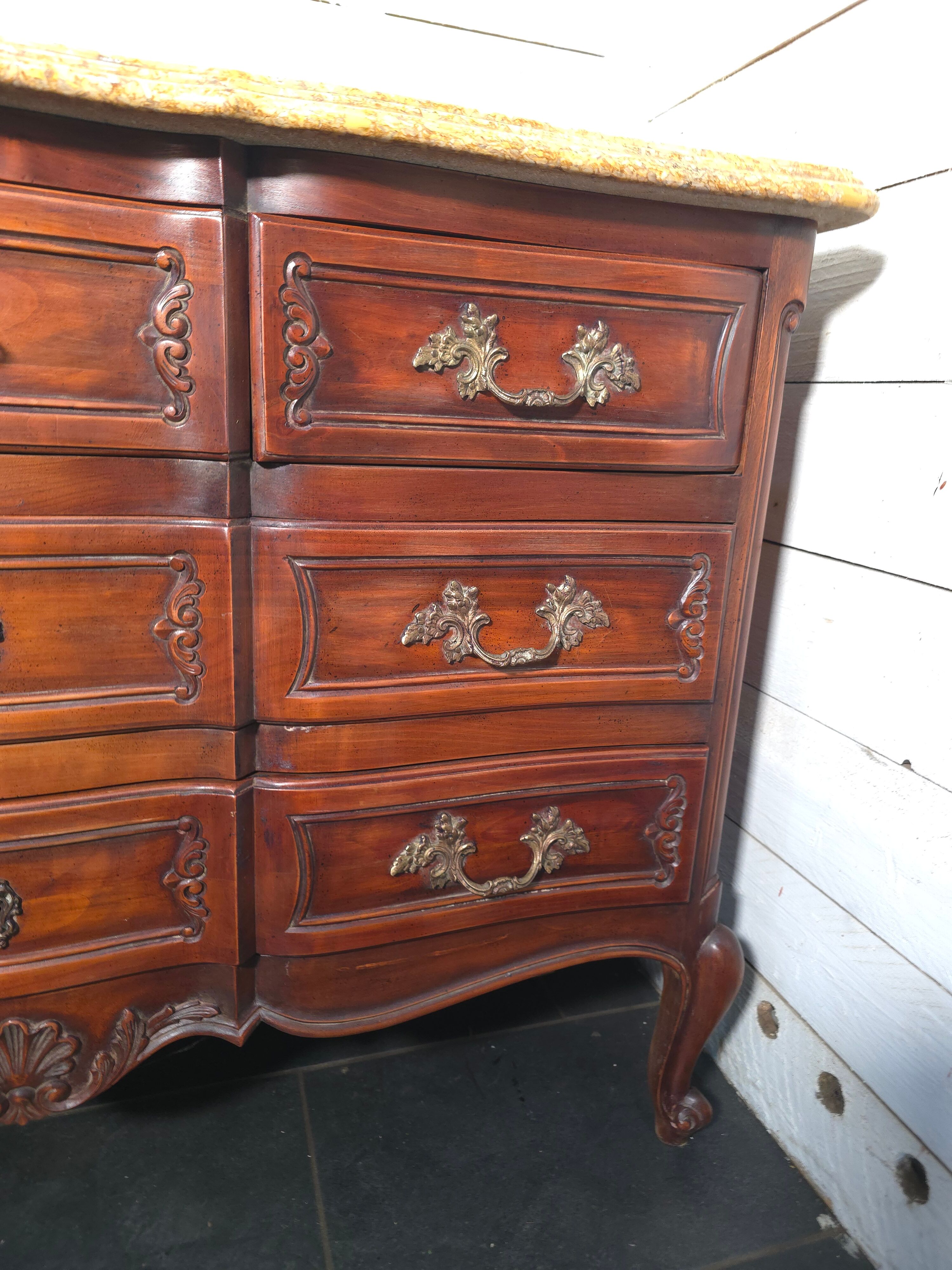 Crossbow commode in solid cherry wood, Louis XV style with marble top.