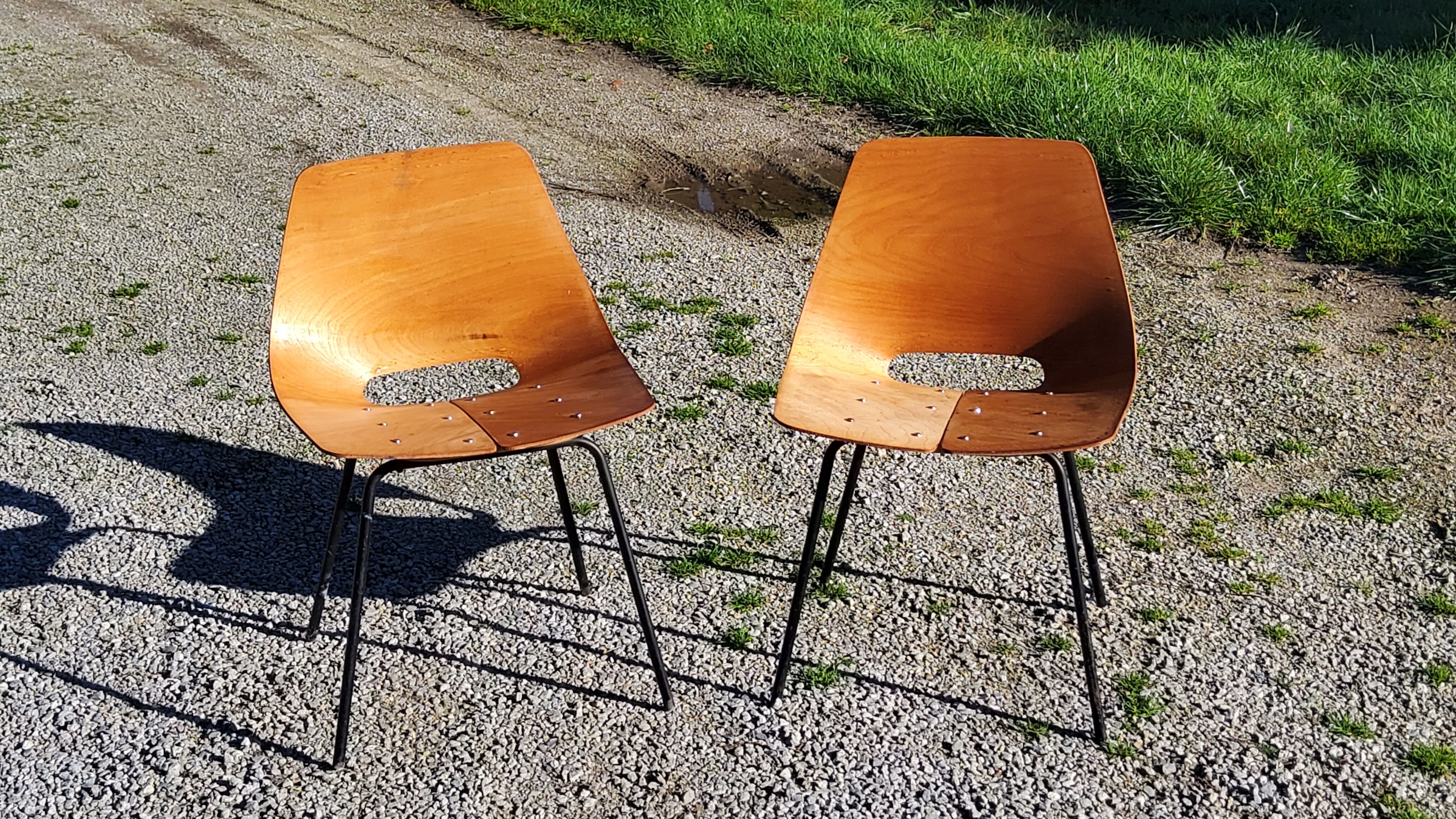 Pair of tonneau chairs by Pierre Guariche plywood base tubes 1954