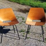 Pair of tonneau chairs by Pierre Guariche plywood base tubes 1954