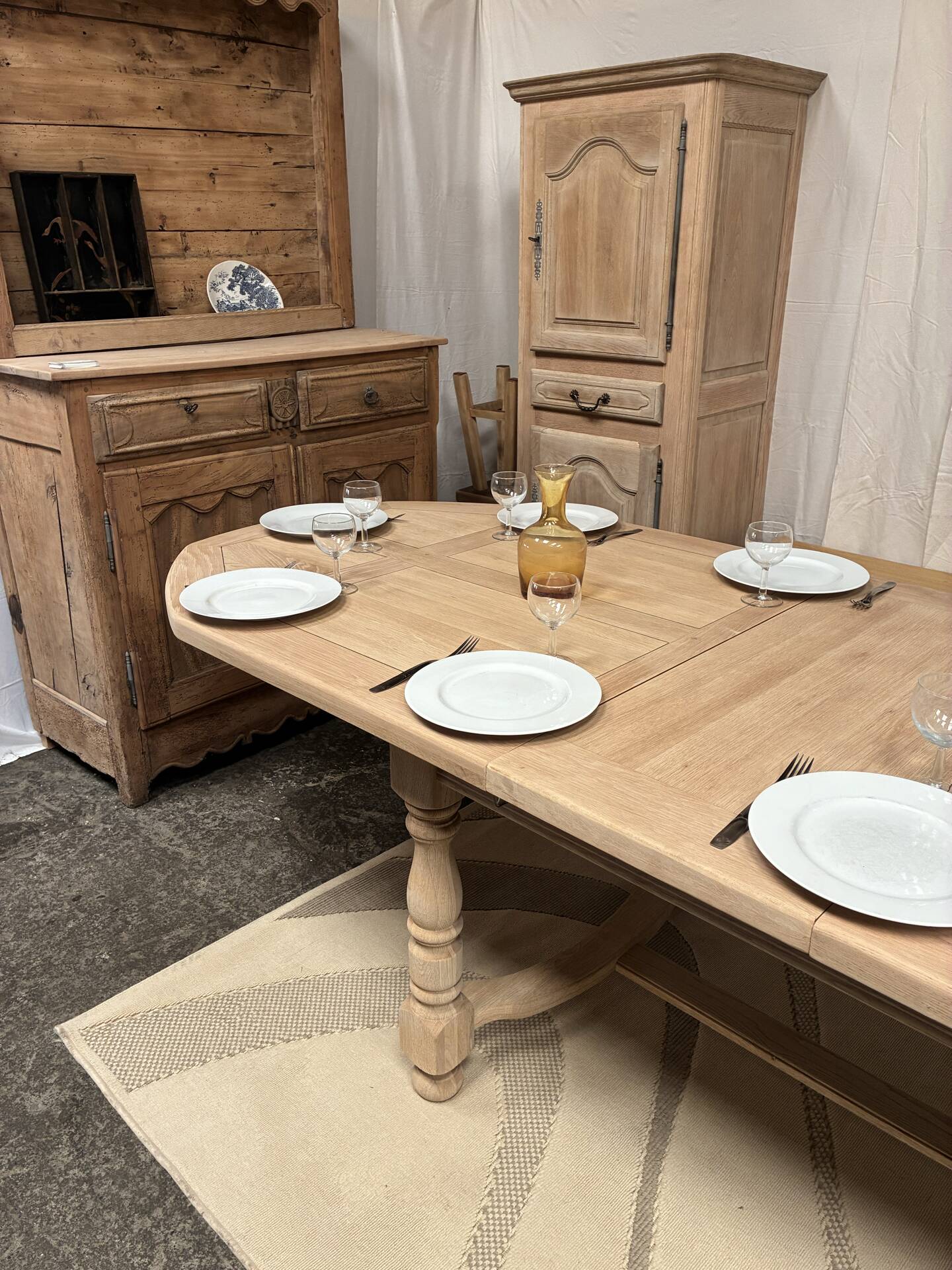 Solid oak farmhouse table with extensions.