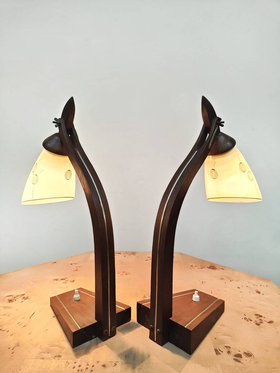 Pair of midcentury modern wooden desk lamp set table lamp