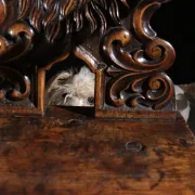 17th century Alpine carved walnut Brettstuhl armchair with grotesque mask