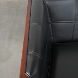 Art Deco  black leather 2.5-seater design sofa with beautiful woodwork