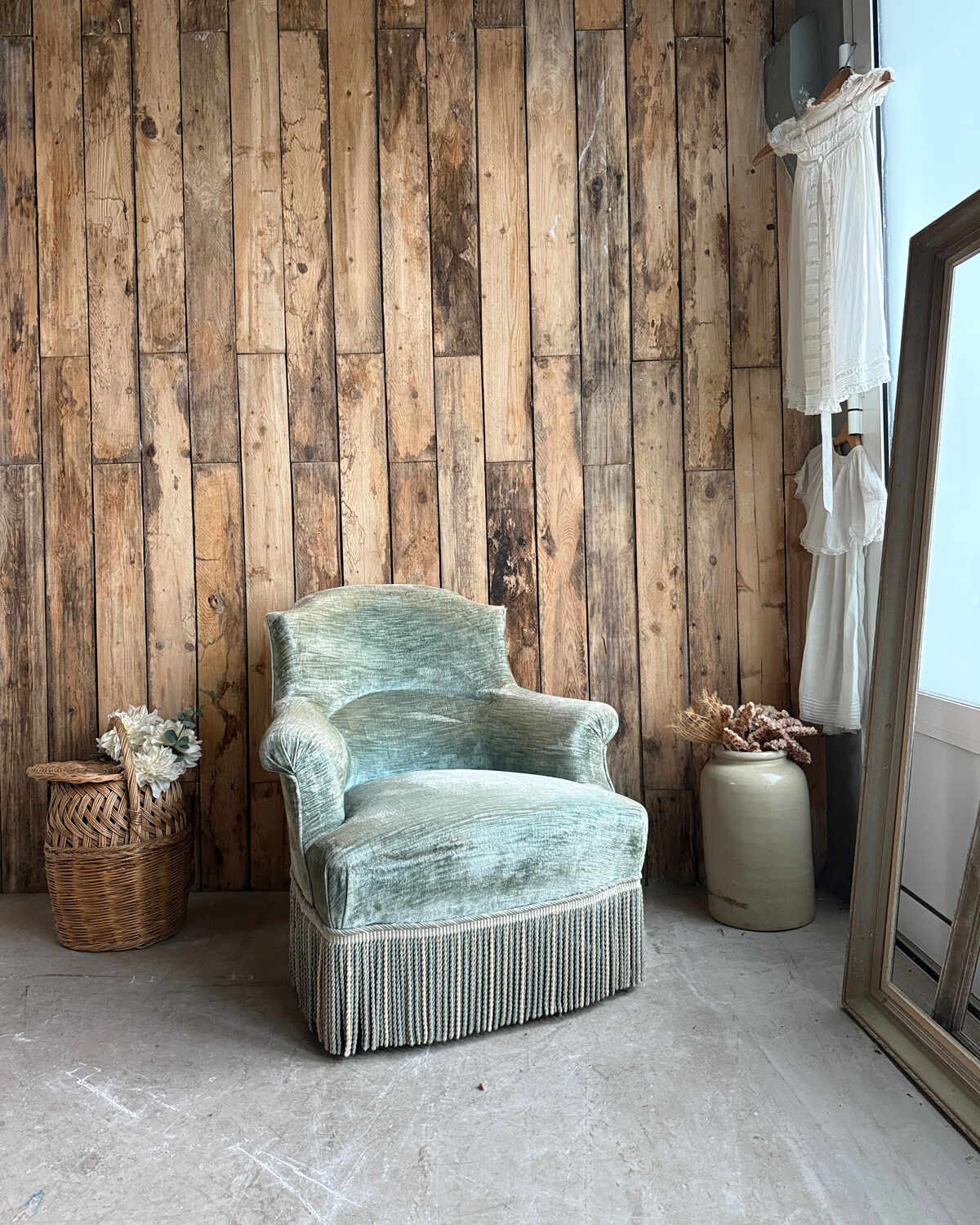 Green velvet tub chair