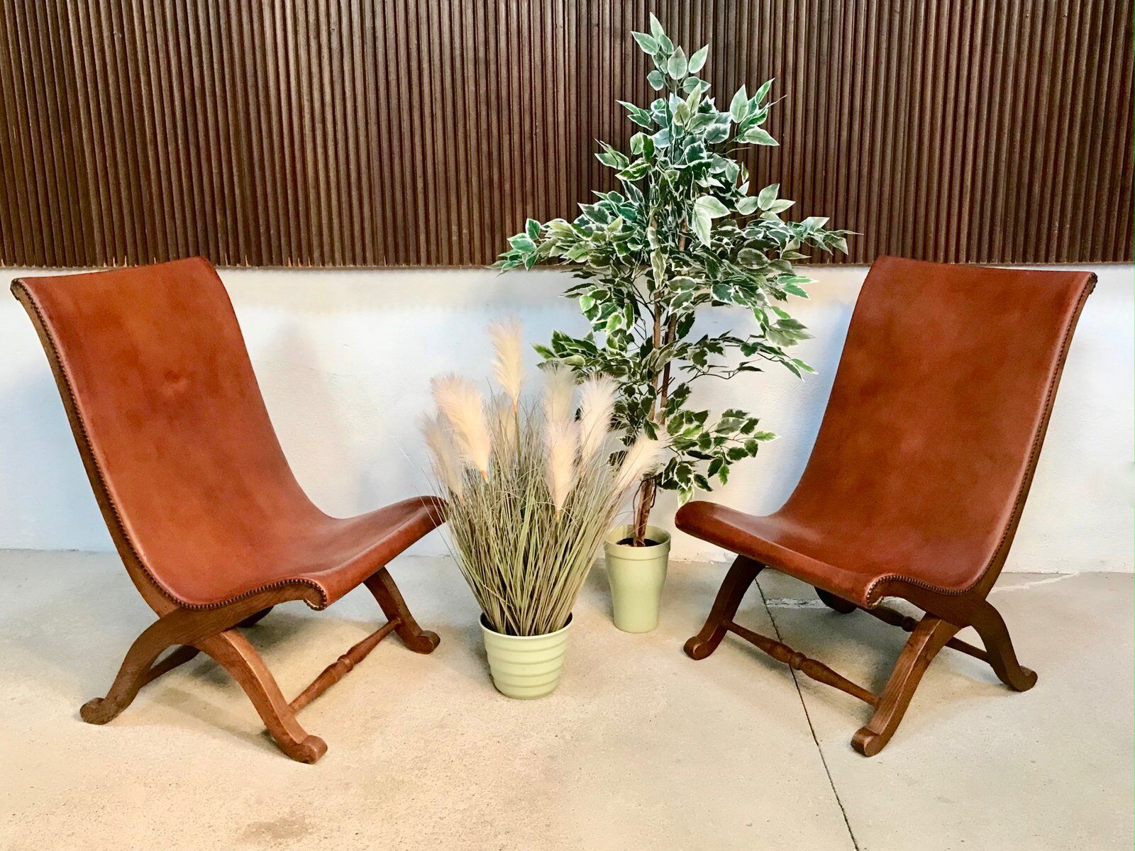 Set of 2 Spanish high-back leather slipper chairs by Pierre Lottier, 1950s