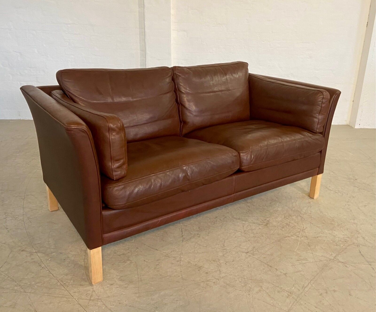 Danish mid-century vintage Mogens Hansen 2 person cognac brown leather sofa 60s